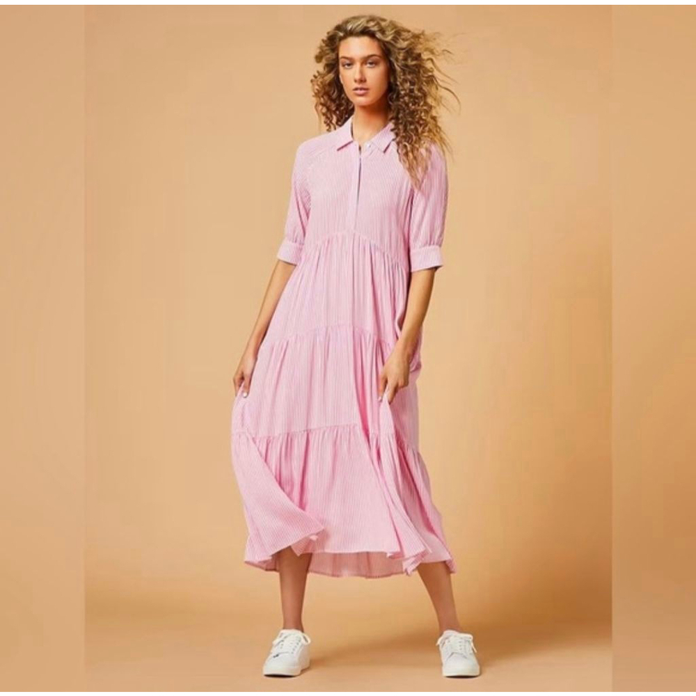 Women's a loves a Pink and White Striped Tiered Maxi Dress S